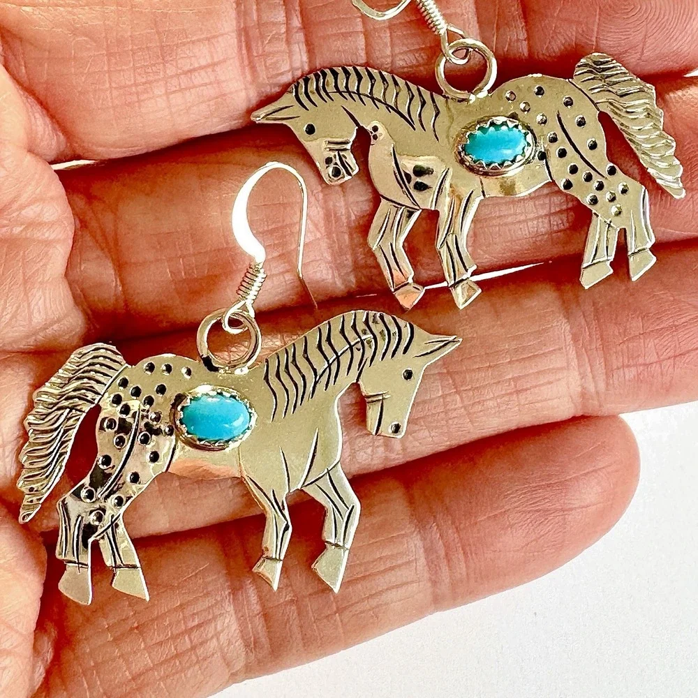 Running Horse Turquoise Navajo‎ Earrings 1.5in Sterling Signed L Yazzie Handmade